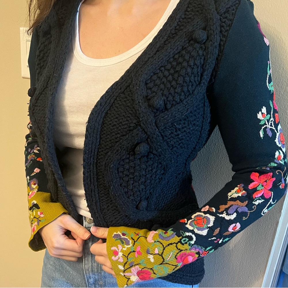 Anthropologie Navy Cardigan with Floral Embroidery